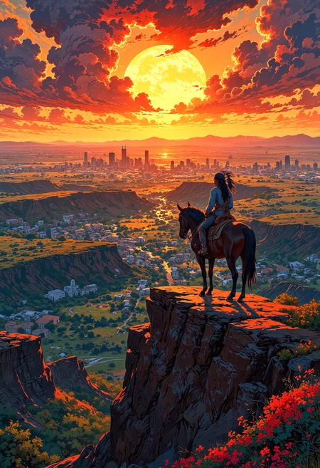 A Sun Lit Native American chief sitting on a Horse on a cliff in the desert, looking down on the great city with high rises in the valley below, evening, the chief is the central focus, vibrant glow