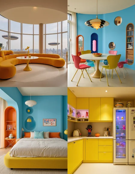 This set of four images captures a playful and retro-futuristic home inspired by the Jetsons, featuring bold colors and 70s-style furniture; [IMAGE1] showcases a circular living room with a sunken seating area, a bubble-shaped sofa in bright orange, and large windows revealing floating cityscapes in the sky; [IMAGE2] highlights a dining area with a round table, colorful tulip chairs, and a floating pendant lamp with a retro design, set against a bright blue wall with circular cutouts; [IMAGE3] displays a bedroom with a floating bed, a built-in console with glowing buttons, and a curved bookshelf in a vibrant yellow; [IMAGE4] shows a quirky kitchen with rounded cabinets, a hovering robot assistant, and a transparent refrigerator filled with colorful items, completing the futuristic, mid-century modern vibe