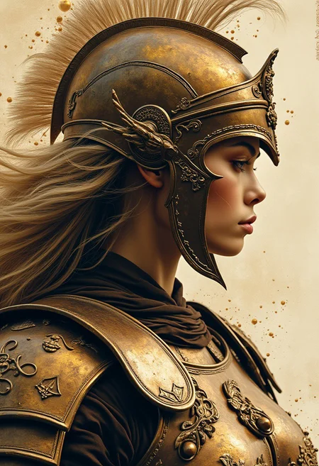 Silhouette Art, magnificent, inksplash closeup portrait of stunning japanese woman, blonde loose hair, wearing bronze age greek armour with a full face helmet