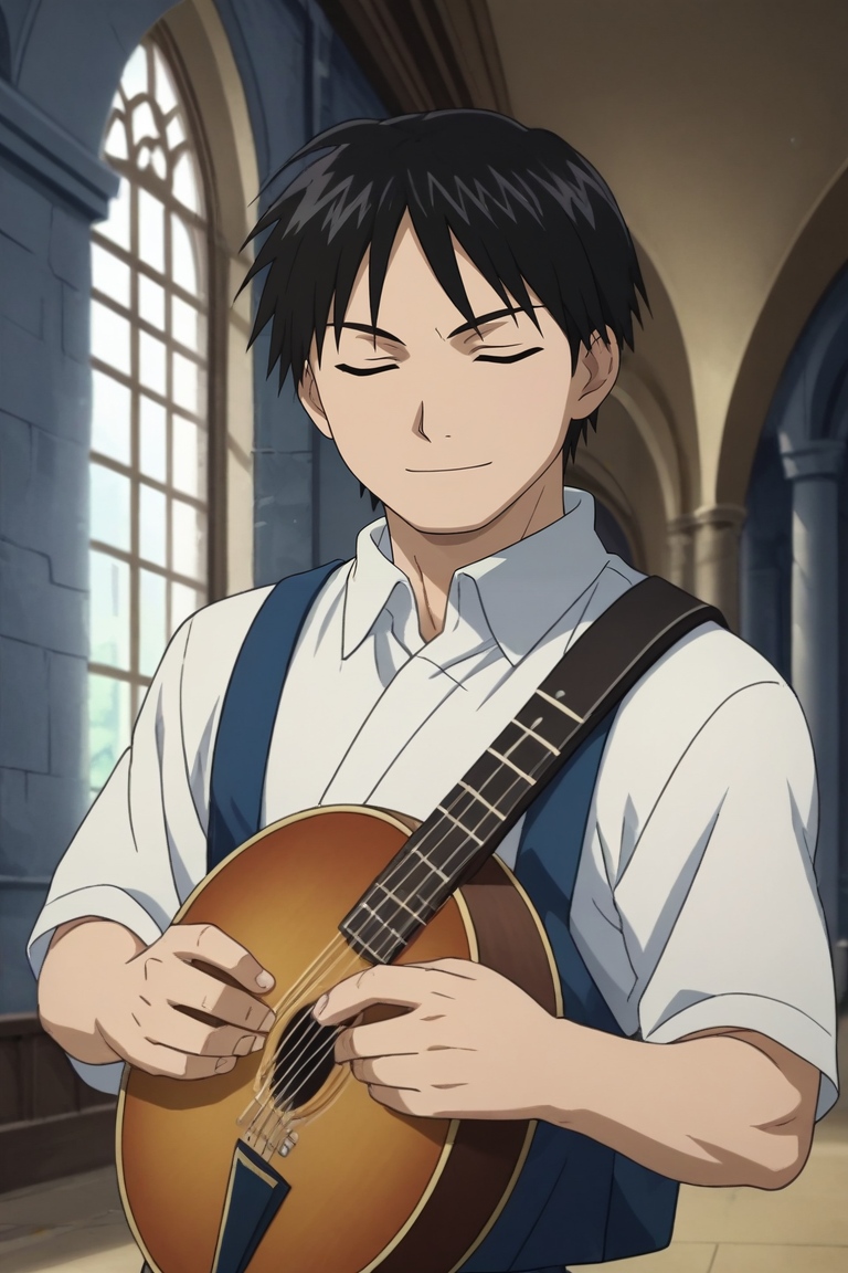 score_9, score_8_up, score_7_up, source_anime, rating_safe, , anime screencap, , official style, , depth of field, 1boy, solo, male focus, <lora:roy_mustang_pony:0.82>, roy_mustang, black hair, black eyes, cowboy shot, castle, indoors, holding instrument, (closed eyes:1.2), smile, linen shirt,, <lora:sdxl_lightning_8step_lora:1>