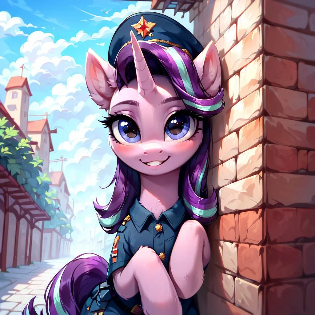 masterpiece, score_9, score_8_up, score_7_up, (best quality:1.1), ultra-detailed, high resolution, 1 girl, solo, pony, highly detailed macro illustration, Starlight Glimmer smiling, blushing, hooves on face, Starlight Glimmer, feral, female, mare, cute, long eyelashes, soviet uniform, Soviet cap, communist stars, outside, (((beautiful detailed eyes))), Long eyelashes, fluffy, ear fluff, long eyelashes, (cornering), taking cover, spying, marble wall, Highly Visible, (((8k))), sharp focus, perfect lighting, anatomically correct, extremely detailed, shine on body, (communist town), block apartments, high detail, cute face, Expressiveh, detailed background, OverallDetail, zPDXL2, <lora:Corneringv1:0.8>