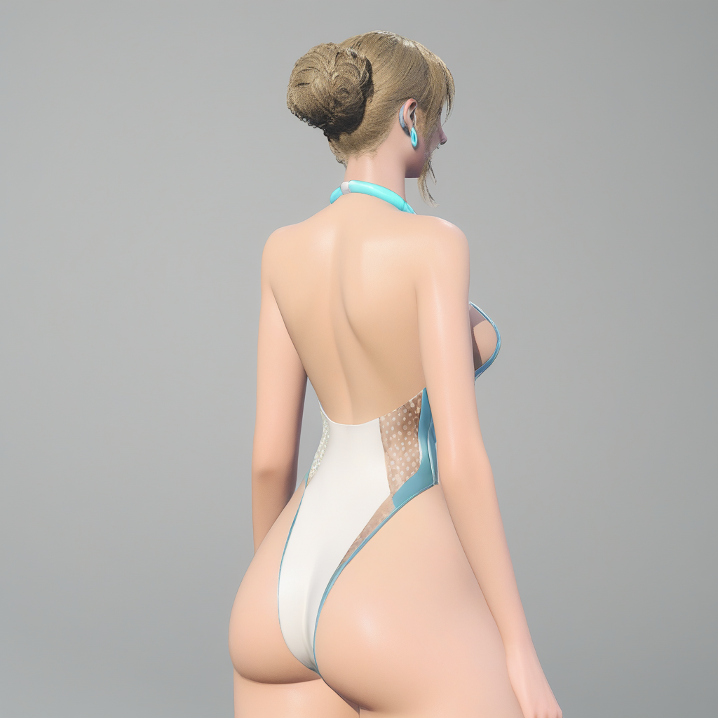 earrings, one-piece swimsuit, medium breasts, bare shoulders, from behind, highleg swimsuit, white one-piece swimsuit, single hair bun, simple background, 1girl, looking at viewer, high heels, large breasts