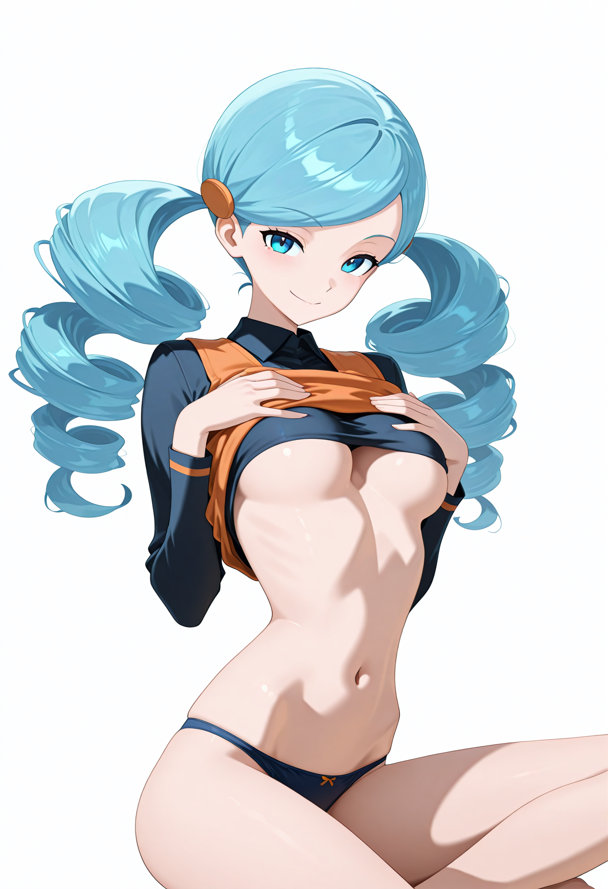 otokakoto, 1girl, solo, ac3trainerbw, orange vest, panties, drill hair, blue eyes, blue hair, shirt lift, underboob, looking at viewer, smile, hands on breasts, sitting, legs crossed, hip bones, white background, masterpiece, absurdres, top quality, official art, best quality, beautiful, aesthetic, <lora:AceTrainerBW:1> <lora:otokakotostyleIL:1>