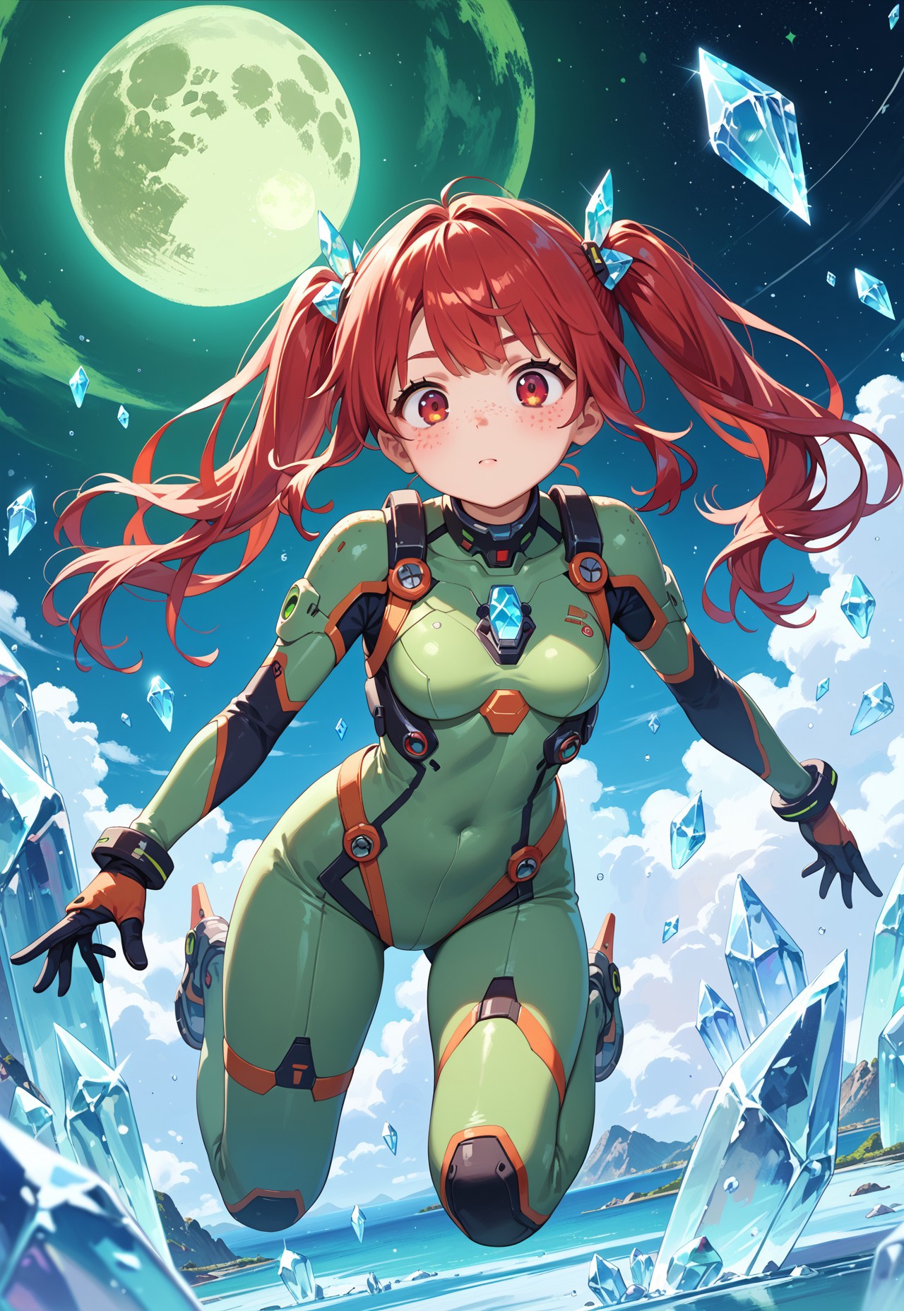 score_9, score_8_up, score_7_up, source_anime, masterpiece, science fiction, stars in the sky, ice pack, (giant green moon in the sky:1.4), 1girl, (red hair:1.2), twintails, red eyes, blushing, (freckles:1.4), green futuristic suit, (small flying ice crystals:1.2)