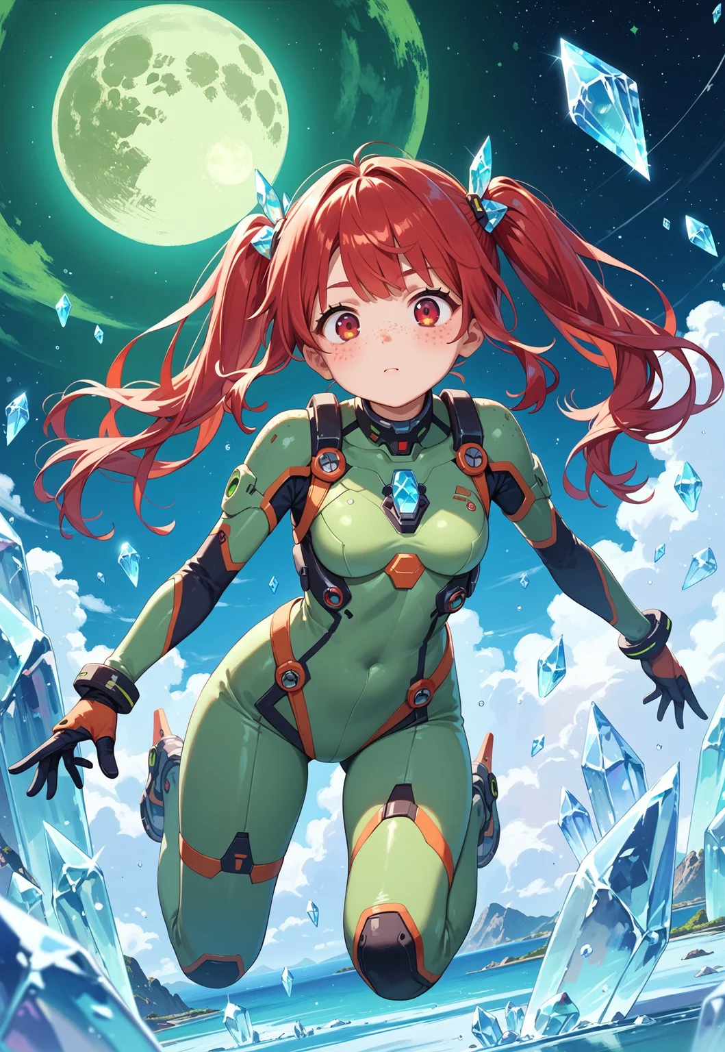 score_9, score_8_up, score_7_up, source_anime, masterpiece, science fiction, stars in the sky, ice pack, (giant green moon in the sky:1.4), 1girl, (red hair:1.2), twintails, red eyes, blushing, (freckles:1.4), green futuristic suit, (small flying ice crystals:1.2)