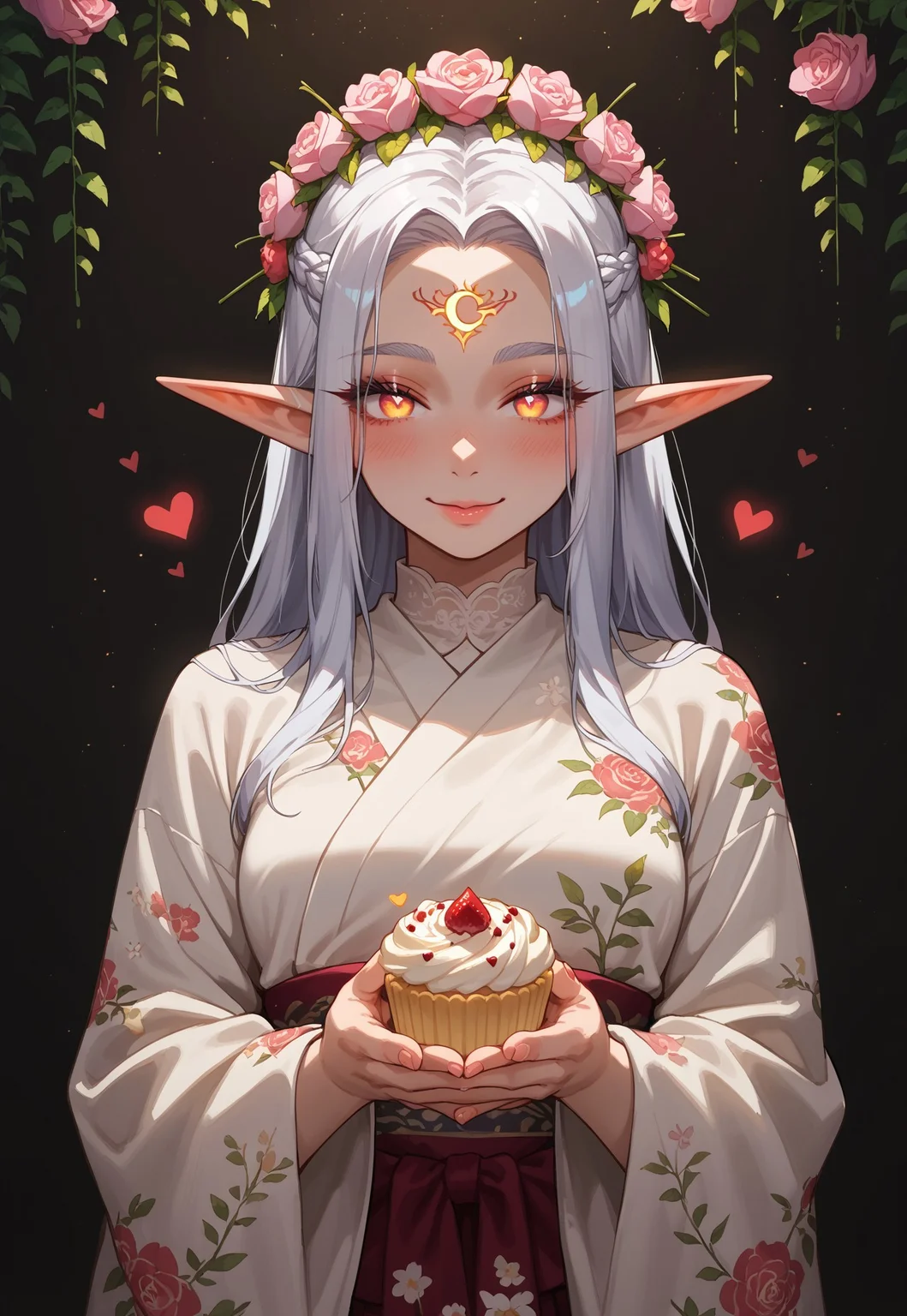 score_9, score_8_up, score_7_up, source_anime,
1girl, woman, elf girl, golden bands, blushing, heart, cowboy shot, beautiful face, thick eyelashes, glowing white eyes, elf ears, long flowy silver hair, cute smile, dark eyeshadow, glowing shoulders tattoos, glowing tattoos, floral decoration in hair, nighttime, shinning moon, blush, white floral kimono, cupcake (red colour, heart shaped, holding with both hands) Japanese theme, Valentine's theme, portrait shot.