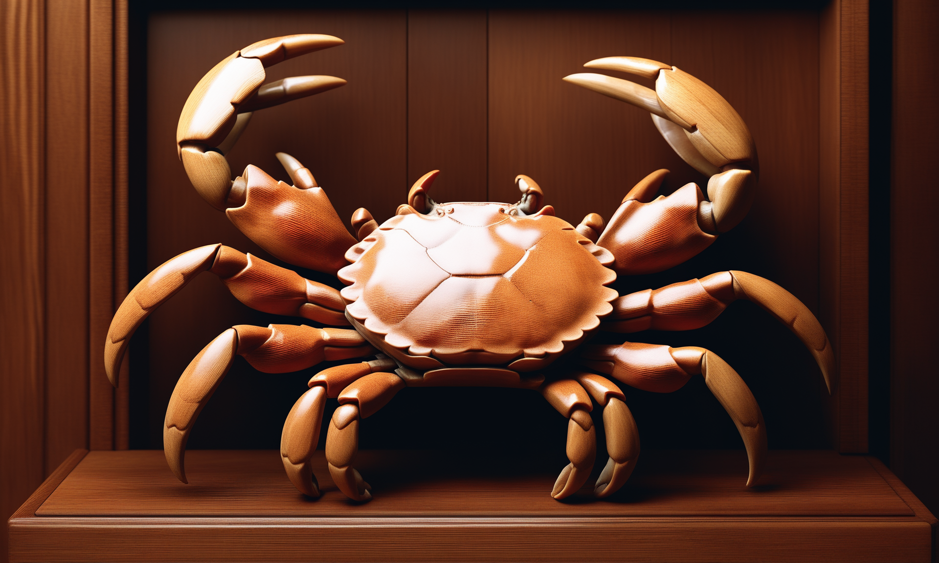 <lora:woodcarvingcd_xl-000005:0.8>,a statue of a crab made of wooden in office scene,full body,woodcarvingcd_xl,wood carving,indoors,chinese zodiac,wooden table,cutie,cute,still life,animal statue,front view,facing viewer,looking at viewer,(Unbelievable Digital Artwork:1.3),CGSociety,ArtStation,master works, emotional, harmonious, high budget, moody, epic, gorgeous, perfect lighting, realistic, photorealistic, photographic, photo (medium),real, moody lighting, volumetric lighting, reality ray tracing, 8K, HDR, UHD, masterpiece, best quality, highly detailed, high resolution, finely detail, extremely detailed, ultra detailed, wallpaper