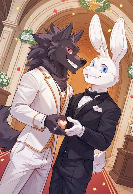 score 9, score 8 up, score 7 up, gay, dutch angle, light particles, males only, furry only, furry males only, masterpiece, best quality, (sky_(i_think_i_like_you), rabbit ears, white fur, tail, rabbit tail, blue eyes, tuxedos), (leon_(i_think_i_like_you):red eyes, solo, wolf boy, black fur, tuxedos), two grooms, men, wearing tuxedos, wedding suits, exchanging rings, ring exchange, wedding ceremony, altar, arch, floral decorations, aisle, detailed Indoor church, love hearts, floating hearts, heart-shaped confetti, excited grin, euphoric expression, looking at each other, walk to viewer