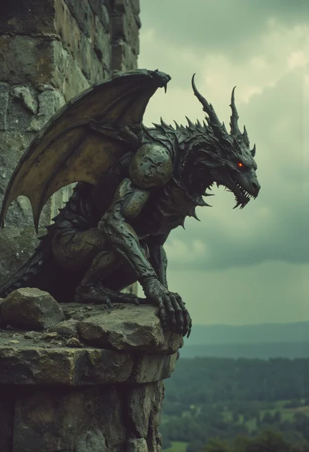 Gargoyle perched on the broken parapet of an ancient fortress, its stone body covered in cracks and moss, eyes glowing with an eerie red light as it watches over the desolate landscape below, the wind howling through the ruins, the distant sound of a tolling bell echoes through the valley, signaling the approach of something dark and terrible., 
in the style of live action dark fantasy, retro, 80s Panavision look and feel, high contrast, lens flares, film grain, retro aesthetic, soft focus, deep shadows, vibrant saturation, authentic 1980s vibe, nostalgic, dreamcore
, autumn dreamcore, samhain,