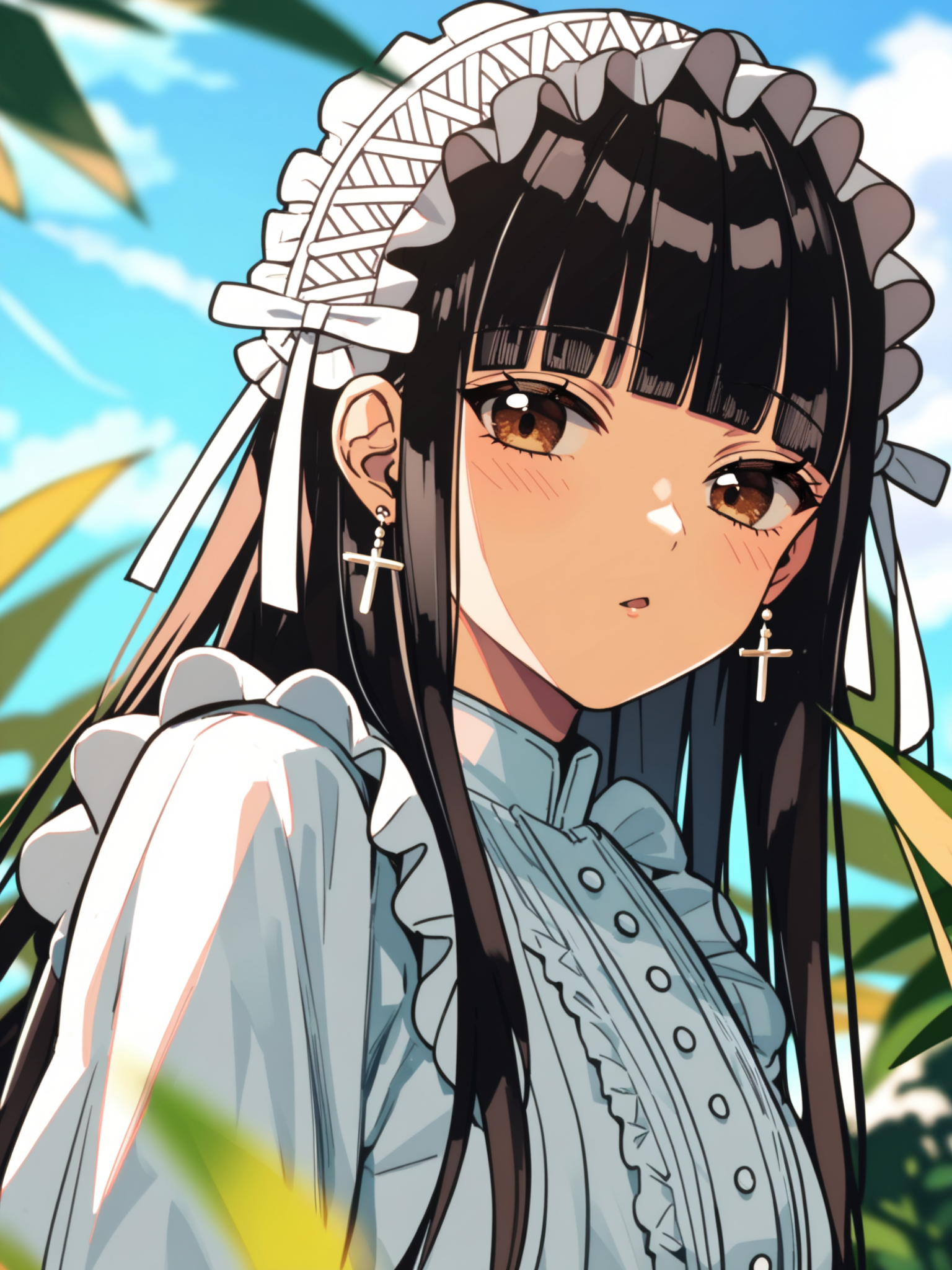 <lora:happy_tentacle-ibararachi-v0.1-000010:1>, ht_ibararachi, frilled hairband, cross earrings, black hair, brown eyes, , furrowed brows, outdoors, day upper body, 1girl, (petite:1.2), solo focus, (looking at viewer:1.1), sidelighting, (depth of field:0.8), (from below:0.8), score_9, score_8_up, score_7_up, score_6_up, score_5_up, score_4_up