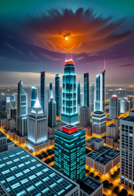 panorama view from the roof of a skyscraper.
dark-orange cloud lumened by city, bright moon, dark-gray-purple sky; sky scrapers square and rectangular skyscrapers with white frequent square windows, shades of skyscraper windows: light green, light blue, dark blue, dark turquoise. The roofs of skyscrapers from dark squares to squares are illuminated with a dim blue square border, some of the skyscrapers are topped with red lights in the corners, one skyscraper with a red diode above it warning aircraft.