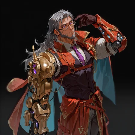 <lora:Reagan__Alchemist_Code-000003:.7>, tagatamereagan, 1boy, grey hair, long hair, purple eyes, glasses, eyewear strap, solo, male focus, manly, mature male, bara, muscle body, collared shirt, long sleeves, vest, tie, single mechanical arm, armor, gloves, arm guard cape, pants, boots,
cowboy shot, 
(very short hair, beard, bara, mature, facial hair, stubble, beard, full beard, sideburn, beard, a lot of beard, ), facial hair,male focus, muscular male, muscular male, bara, mature,  bara, mature, aixiwuganda_(20222192), very awa, masterpiece, best quality, absurdres, newest, perfect quality, detailed background, intricate details,
<lora:slider_Body Type_alpha1.0_rank4_noxattn_last:3><lora:Anime Summer Days 2 Style SDXL_LoRA_Pony Diffusion V6 XL:.6><lora:slider_cfg_scale_boost:.7><lora:Artist6p:.55>, Artist6p, Artist04p,<lora:slider_il_brightness_slider_d1:-1><lora:slider_il_contrast_slider_d1:-1><lora:slider_DarkSlider1.2_alpha1.0_rank16_full_300steps:-.6>