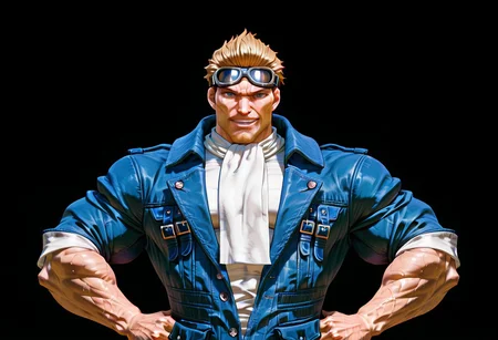 RESET, score_9,score_8_up,score_7_up, Highest Quality, 4k, masterpiece, Amazing Details, best quality, detailed image, good illumination, source_furry, rating_explicit, proportionate body, BREAK, solo, daddy, high testosterone, bara, (hyper muscles:1.5), handsome, sexy, confident, badass, (sexy grin:1.5), (hyper pectorals:1.6), (hyper biceps:1.5), (looking at viewer:3.0), (black background:3.5), close up, (upper body focus:3.5), (six pack abs:1.5), (veiny muscle:1.5), (sweaty:1.5),
(detailed eyes:2.0), (detailed face:2.0), (perfect face:2.0), (perfect eyes:2.0),
(front view:4.0),
(standing:3.1),
(hand on hips:2.0), (flexing one hand:2.0),
CidHighwindFF, short hair, blonde hair, blue eyes, stubble, mature male, muscular, bandaid, aviator goggles,
blue denim jacket, white scarf,