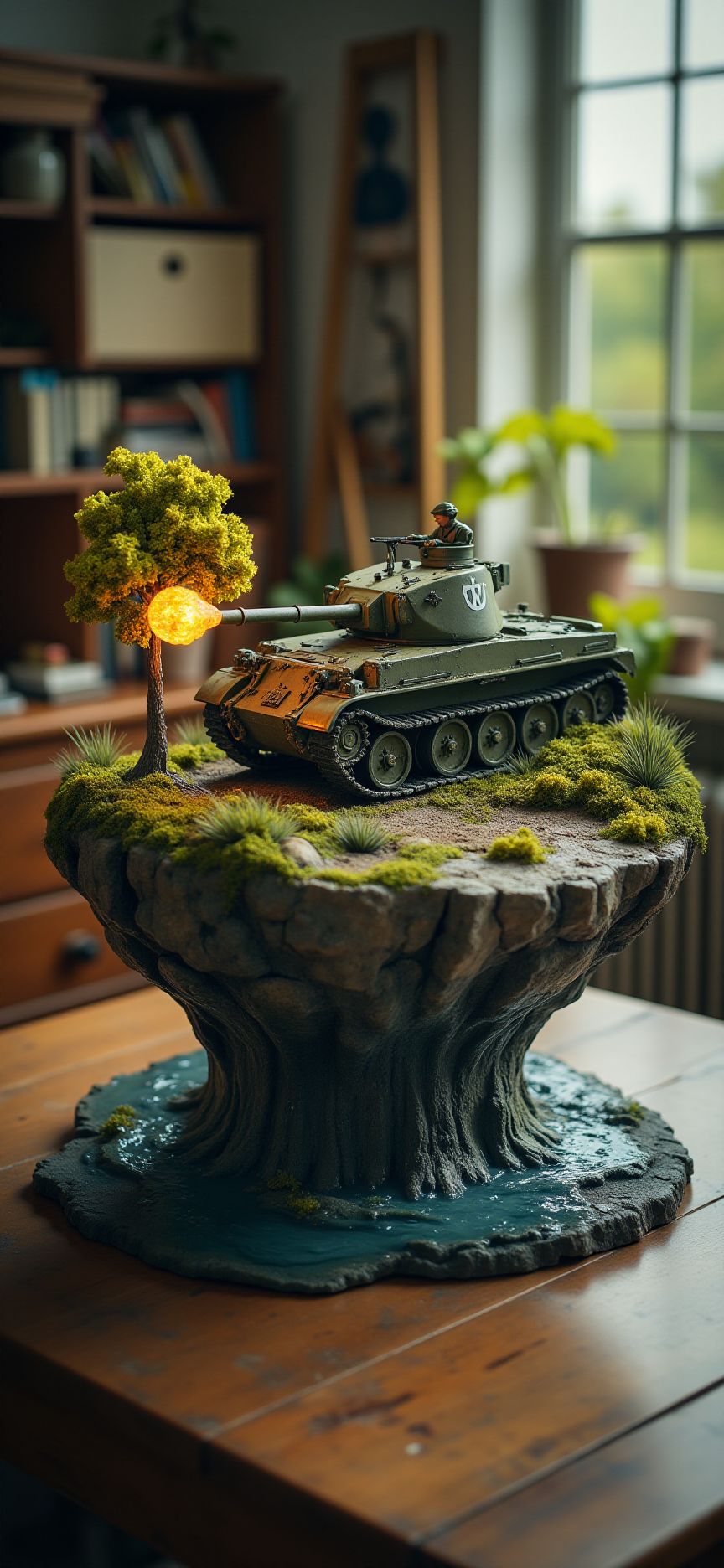 (indoor,very wide isometric view,tilt-shift lens:1.6), (windowless,miniature,miniature,diorama,miniature,diorama,PVC,plastic:2) ,  military truck with M1 tank at base  with flame at (floating island,levitating  island:1.5) on (table:2) at (study:2.5)   <lora:Diorama_Flux:1>