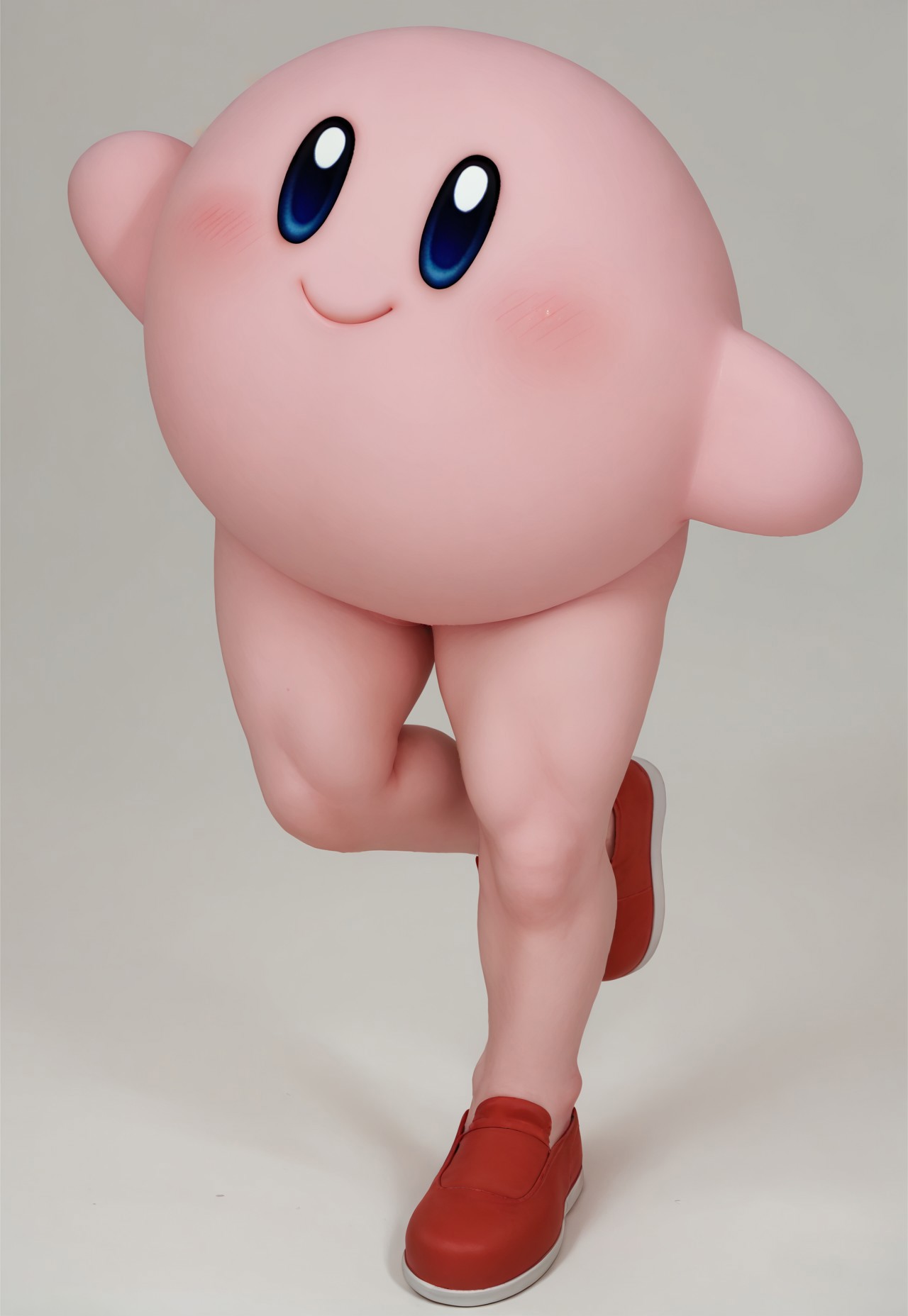 score_9, score_8_up, score_7_up BREAK LongKirby, dark blue eyes, pink body, blush, red shoes, smiling at viewer,