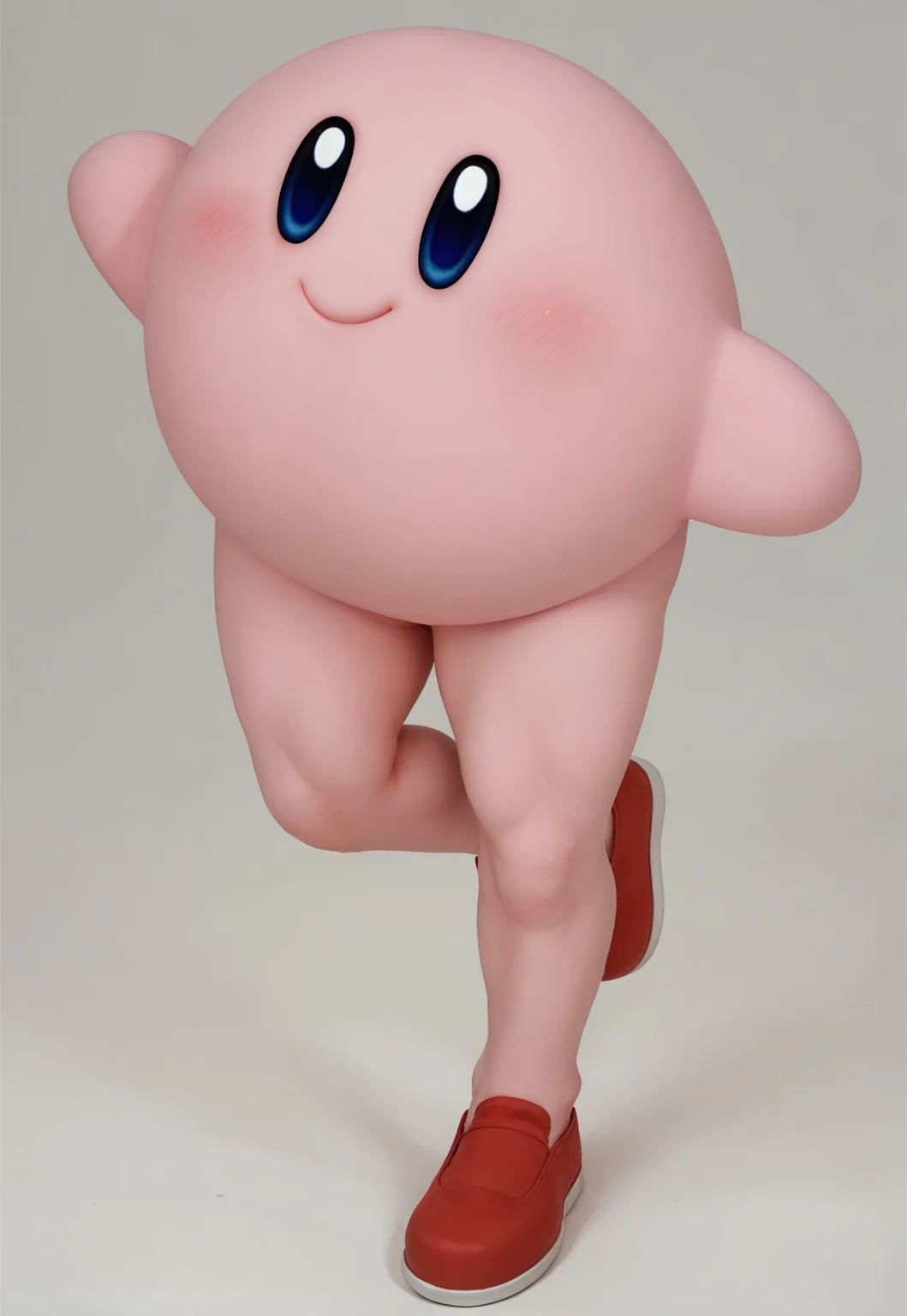 score_9, score_8_up, score_7_up BREAK LongKirby, dark blue eyes, pink body, blush, red shoes, smiling at viewer,
