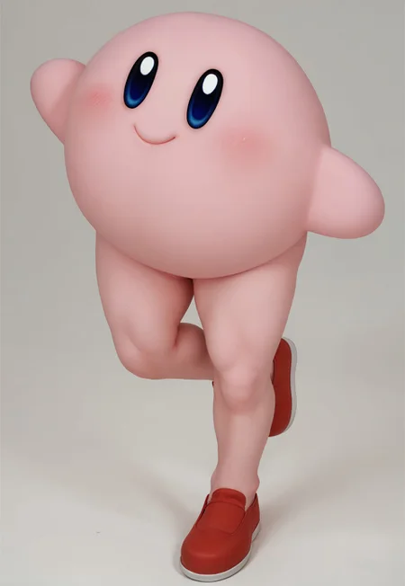 score_9, score_8_up, score_7_up BREAK LongKirby, dark blue eyes, pink body, blush, red shoes, smiling at viewer,
