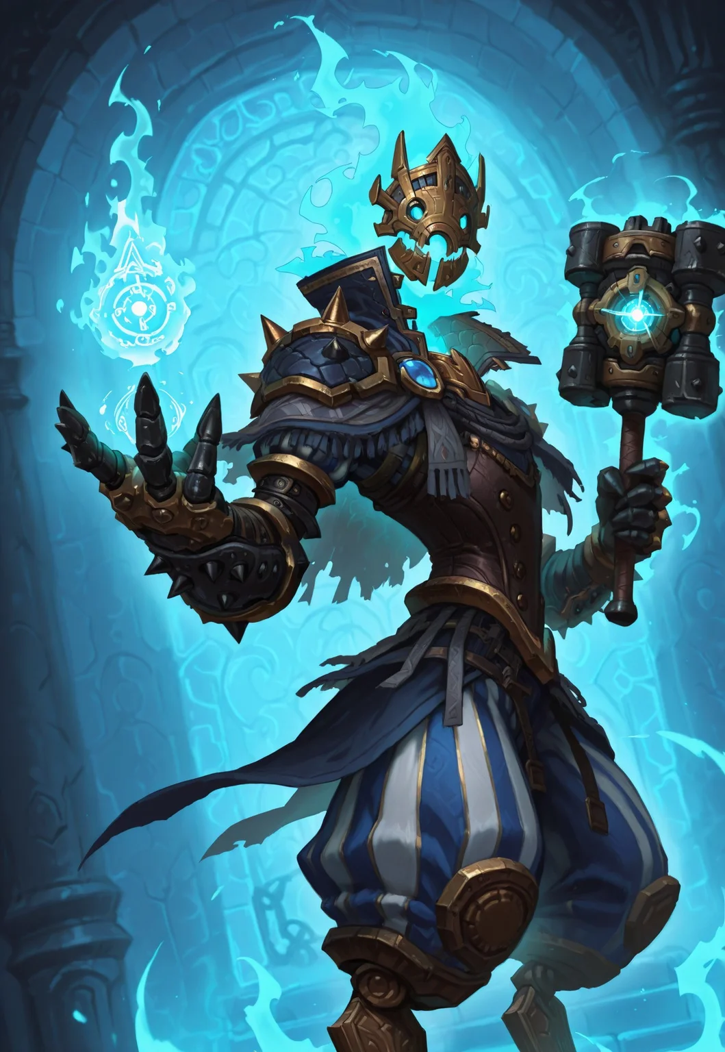 masterpiece, best qualty, from side, cowboy shot, dynamic pose, dynamic angle, blue energy background, holding hammer, brokerxl, dullahan, no head, floating mask, blue clothes, white clothes, armored collar, spiked shoulder armor, capelet, robot legs, baggy pants, spiked gauntlets, yellow trim, popped collar, cape, robot legs, striped clothes, gauntlets, casting spell, ornate accessories, looking at viewer