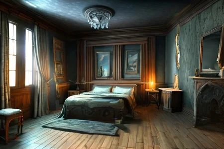 RAW photo, (masterpiece:1.3), subsurface scattering, heavy shadow, (high quality:1.4), (intricate, high detail:1.2), professional photography, HDR, High Dynamic Range, realistic, ultra realistic, photorealistic, high resolution, film photography, ambient lighting, atmospheric effects, <lora:detail_slider_v4:2>, OverallDetail, <lora:HauntedHouse:1>, bed, book, bookshelf, box, candlestand, cup, curtains, dark, door, hauntedhouse, indoors, no humans, scenery, silk, table, window, wooden floor