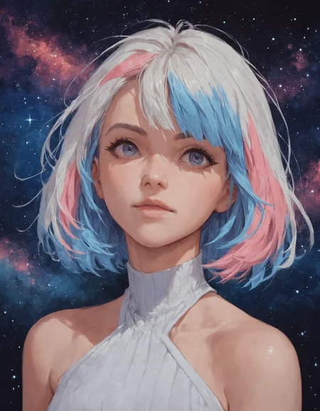 score_9, score_8_up, score_7_up, score_6_up, score_5_up, rating_questionable, source_anime, 1girl, portrait, multicolored hair, fringe, bare shoulders, upper body, cosmic, <lora:sn0w:1>