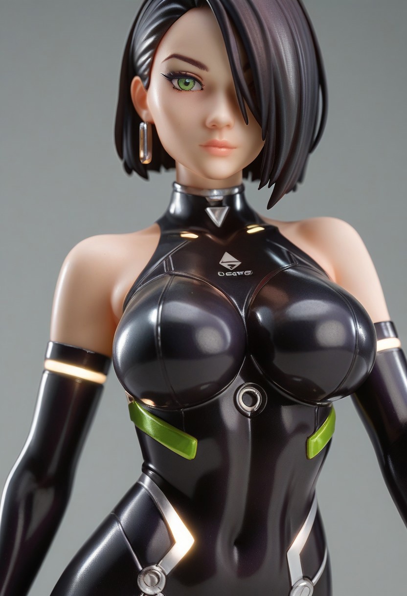 score_9, score_8_up, score_7_up, 
source_cartoon, 2d, 
<lora:DetailedEyes_last:1>, green eyes,
high quality, , solo, Tron style, Quorra (Tron: Legacy), black hair, straight hair, hair over one eye, bodysuit, neon trim, arm gloves, latex bodysuit, TRON suit, large breasts, Round Breasts, (close up:1.4)