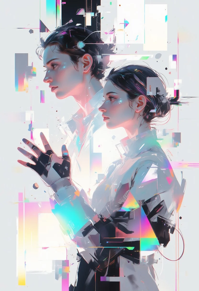 aidmaimageupgrader, male and female character framed by geometric shapes, glitchcore aesthetic, white space dominance, minimalist design, soft gradients, glowing holographic lines, fragmented glitch effects, subtle neon overlays, abstract symmetry, futuristic fashion with clean lines, muted color palette, digital distortion around edges, serene atmosphere, faded visual artifacts, worn textures, dreamlike holographic glow, delicate composition, degraded digital aesthetics, quiet focus, ethereal ambiance,pscho_4rt