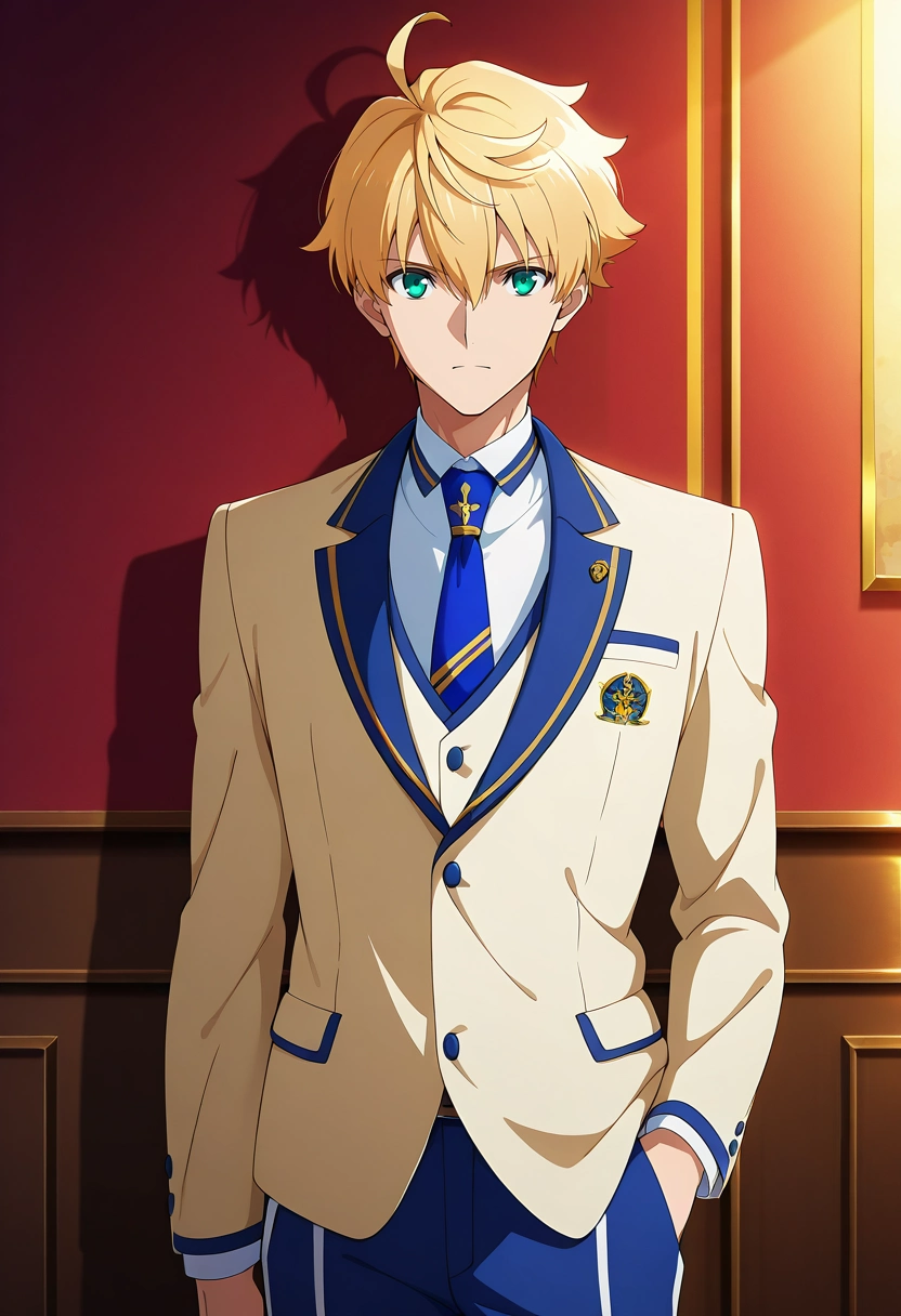 masterpiece, best quality, intricate details, anime screencap, anime coloring, official style, looking at viewer, 1boy, solo, male focus, <lora:arthur_pendragon_fate_ilxl:0.9>, arthur_pendragon_fate, blonde hair, green eyes, short hair, ahoge, hair between eyes, bangs, , , , Rayon Scallop Lilac Track pants with side stripes, Linen blazer, Espadrilles, ,
