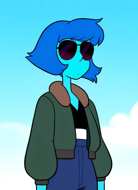 artist:, masterpiece, best quality, newest, very awa, absurdres, highres, sustl, 1girl, lpsl, blue skin, blue hair, short hair, dark green jacket, t-pose, black sunglasses, aviator sunglasses, detailed, <lora:SDXL\Illustrous\Steven-Universe-Style-Illustious:1.0>