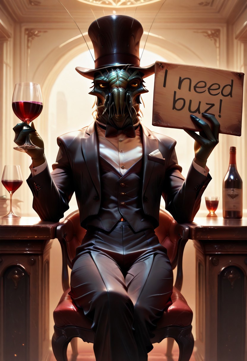 (dvr-rst), lazympos,
masterpiece, best quality, very aesthetic, absurdres, source_anime,
1boy, pr4wn, alien, solo, tuxedo, top hat, drinking wine, frown, Crossed legs,
need_buzz, holding sign,
