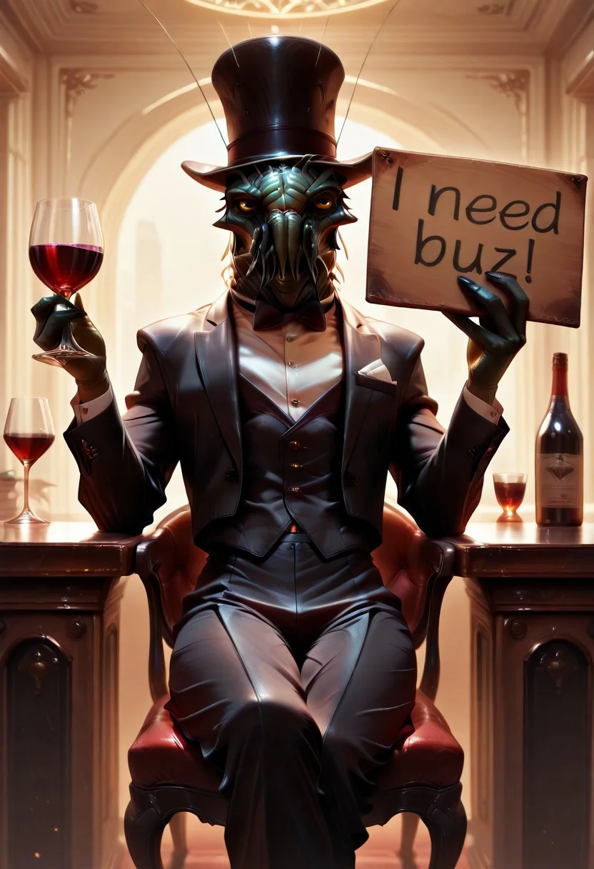 (dvr-rst), lazympos,
masterpiece, best quality, very aesthetic, absurdres, source_anime,
1boy, pr4wn, alien, solo, tuxedo, top hat, drinking wine, frown, Crossed legs,
need_buzz, holding sign,