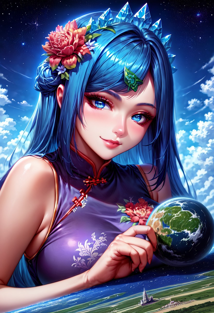 gorgeous lips, cinematic, (masterpiece), (best quality), (ultra-detailed), very aesthetic, perfect composition, intricate details, absurdres, detailed face, (anime, masterpiece, intricate:1.3), (best quality, hires textures, high detail:1.2), score_9, score_8_up, source_anime, 1girl, Liko, blue hair, short hair, green hairclip, blue eyes, very long hair, crystals, flower crown, ruanyi0604, purple dress, china dress, floral print, crystal stiletto high heels, large breasts, facial expression, loving, flirting, amused, smiling, head tilt, soft eyes, jvdaniang, goddess, planet size, giantess, giantess in space, in space, giant goddess, humongous body, lying down on planet, giantess lying down on planet, space, galaxies, small planets, floating objects, gradient eyes, beautiful detailed eyes, Side view, solo, (masterpiece:1.4), (best quality:1.4), (ultra-detailed:1.2), gl0w, glow, Extreme Size Difference,