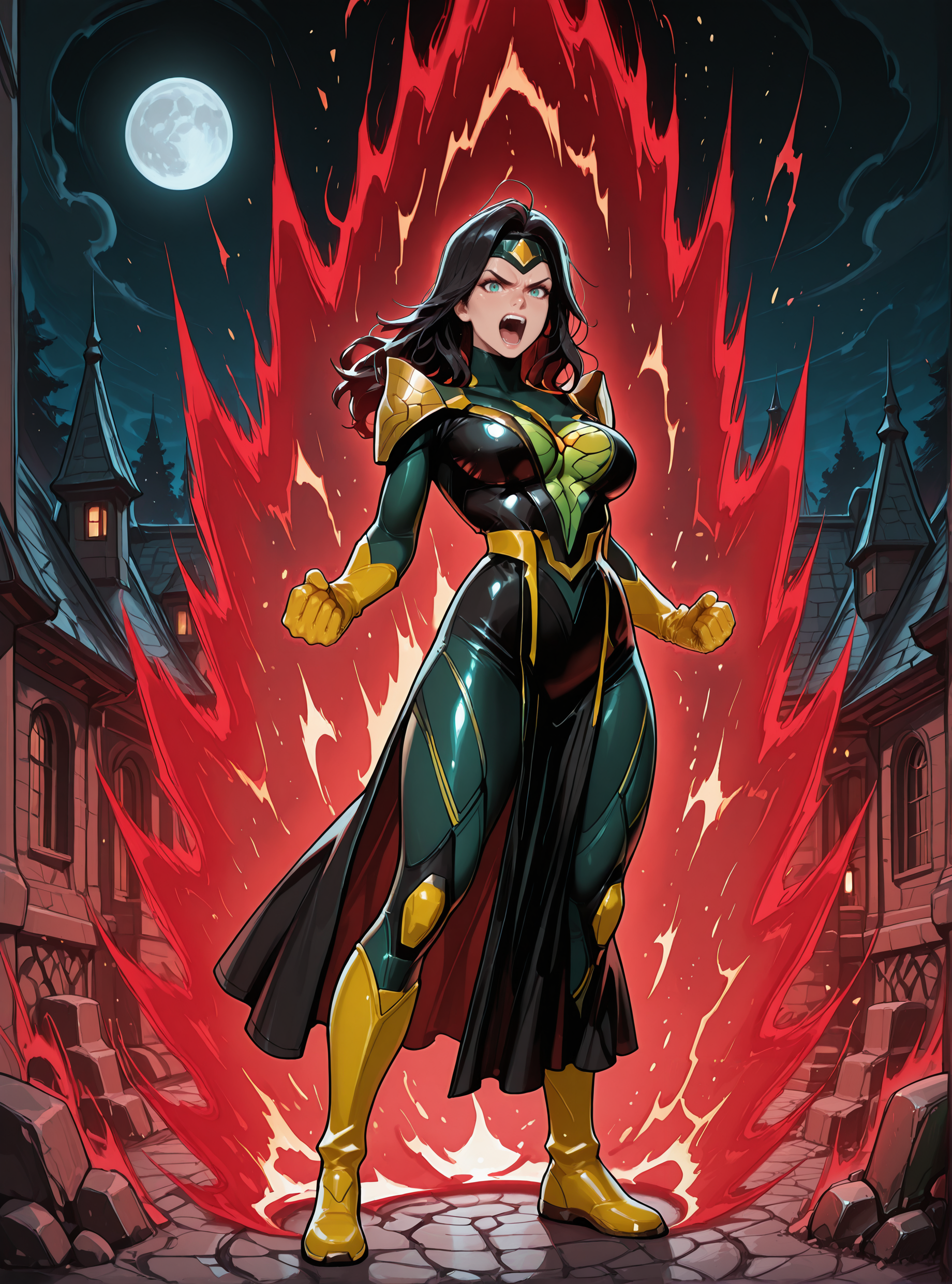 (masterpiece), (best quality), 1girl, solo, jean grey \(marvel_rivals\), (source_anime), (source_cartoon), looking at viewer, v-shaped eyebrows, (standing), front view, straight posture, (sharp lines), smile, large breasts, glowing freckled skin, (black hair), collarbone, (mature_female), forehead, long hair, forehead protector, shoulder armor, armored bodysuit, multicolored bodysuit, black bodysuit, green bodysuit, yellow bodysuit, yellow gloves, flame, natural colors, <lora:JeanGreyillusApexAi:0.7>, natural beauty, tomboy, ((dynamic pose)), night, dark, cool, epic, dynamic, black dress, fantasy aesthetic, ornate clothing, full moon, supersaiyanaura, (kaioken), (power), (aura), (sharp aura), (red aura), fight stance, floating, sparking, screaming, angry, aura, ki, energy, <lora:superSayianAura_v2_Illustrious_Mlaofmd:1>
