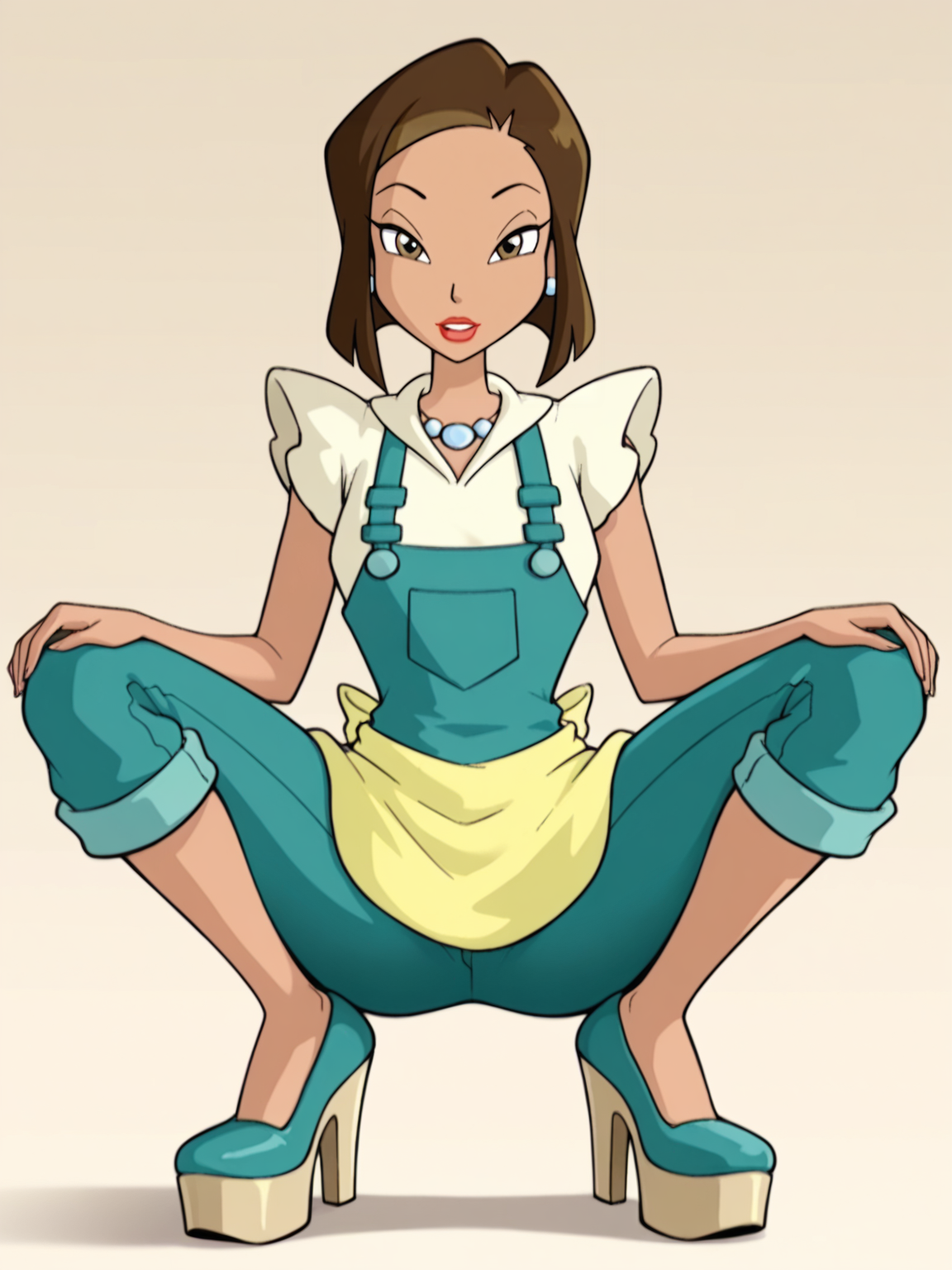 <lora:Bloom_motherIL:0.7> b_m, 1girl, short hair, brown hair, brown eyes, red lips, earrings, beige sleeveless shirt, green overall, necklace, yellow apron,
looking at viewer, squatting, front view, spreading legs, platform high heels