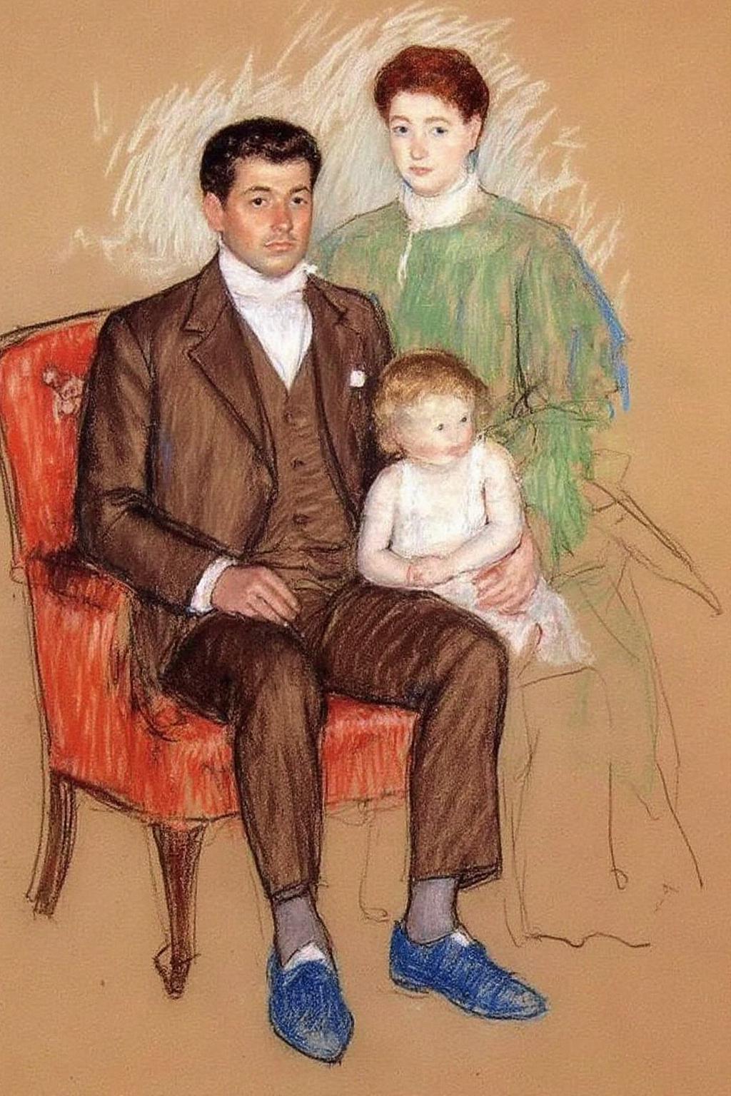 marycassatt2 drawing.
A family scene featuring a man, a woman, and a child. The man, seated on the left, wears a brown suit, white shirt, and blue shoes. He sits on a red armchair with his hands resting on his lap.  <lora:marycassatt2_cap_d6a3:1.0><lora:840616862086600805:0>