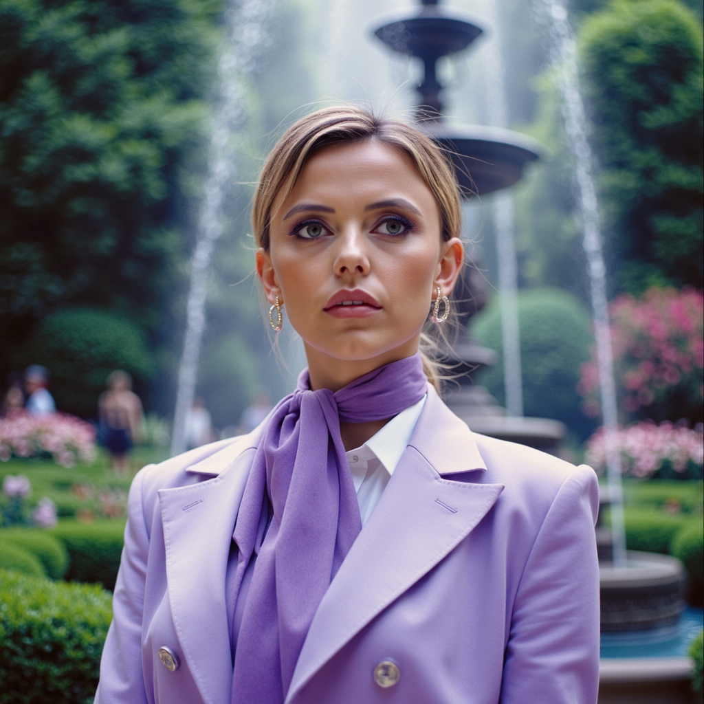 watercolor painting ethereal fantasy concept art of  surrealist art analog photography, analog photo, a stunning woman in a  gothic garden in the background a beautiful fountain, she's wearing a pastel purple women's suit, a white blouse and a purple scarf . A candid, close up shot <lora:Riley_Voelkel:1> rileyv . dreamlike, mysterious, provocative, symbolic, intricate, detailed, magnificent, celestial, ethereal, painterly, epic, majestic, magical, fantasy art, cover art, dreamy . vibrant, beautiful, painterly, detailed, textural, artistic, RAW candid cinema, 16mm, color graded portra 400 film, remarkable color, ultra realistic, textured skin, remarkable detailed pupils, realistic dull skin noise, visible skin detail, skin fuzz, dry skin, shot with cinematic camera