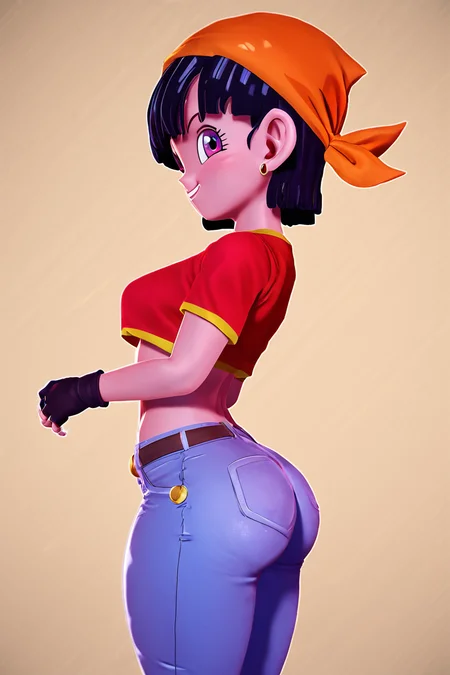 score_9, score_8_up, score_8, medium breasts, (curvy), cute, eyelashes, BREAK, , zzPan, black hair, short hair, bandana, gloves, fingerless gloves, red shirt, denim pants, <lora:Pan_Dragonball_PDXL:0.8>, , BREAK, smile, looking at viewer, cowboy shot, side view, ass, embedding:zPDXL, Expressiveh, <lora:Zy0n7_PDXL:1.0>, <lora:SDXLFaeTastic2400:0.5>, <lora:Expressive_H-000001:0.4>,