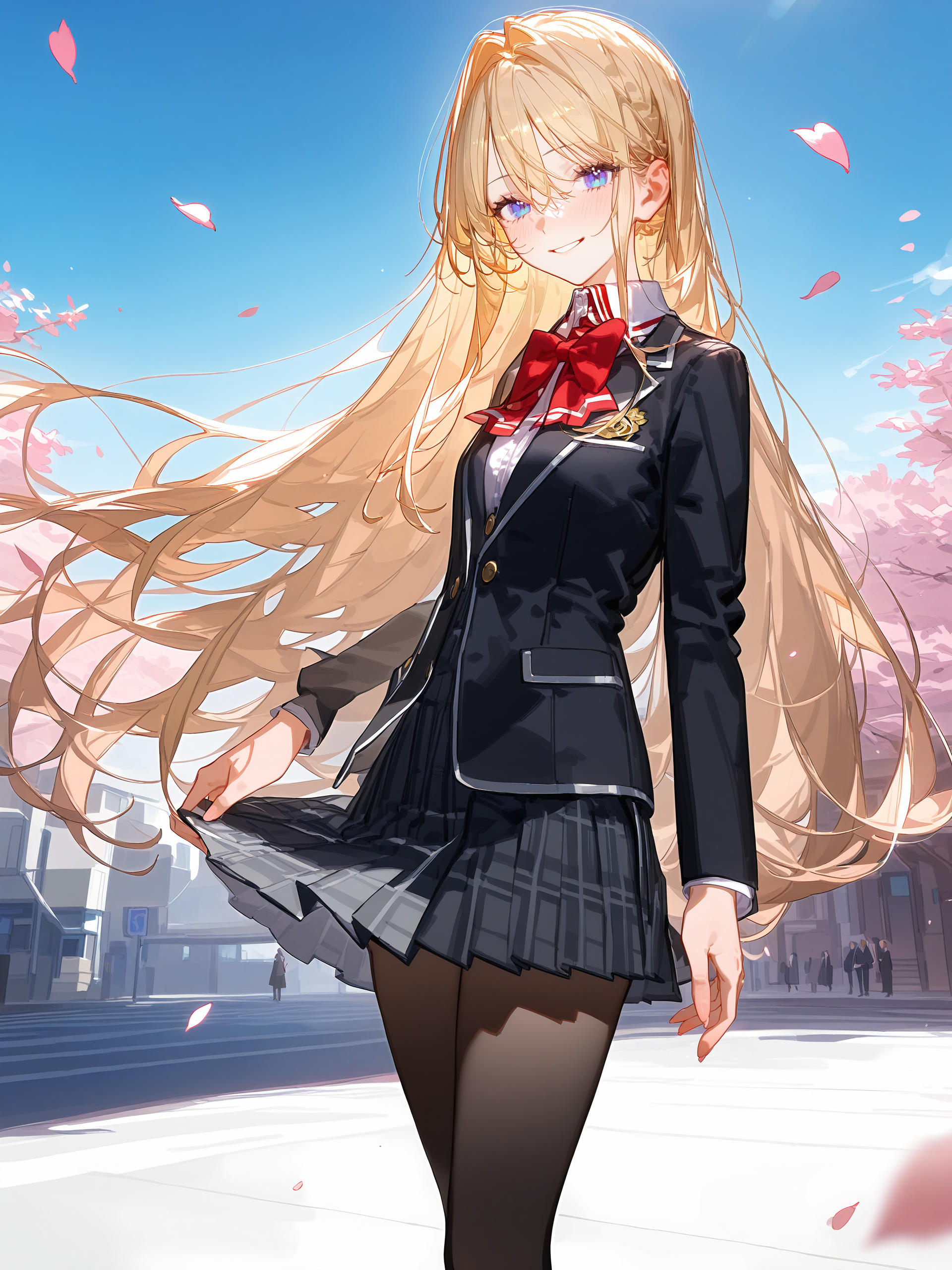 illustration, incredibly absurdres, ultra detailed, masterpiece, best quality, perfect features, intricate details, ray tracing, very aesthetic, (hitenkei, askzy:0.4), [<lora:XL-detailed_notrigger:0.95>::0.5], [:<lora:XL-aesthetic_anime:1.2>:0.5],  <lora:Char-Ouzuka_Mai-V1-SDXL:1>,  1girl, ouzuka mai, solo, blue eyes, school uniform, pleated skirt, plaid skirt, white collared shirt, blazer, red bowtie, hand on hip, looking at viewer, light smile, standing, cowboy shot, outdoors, street, cherry blossoms, petals, depth of field