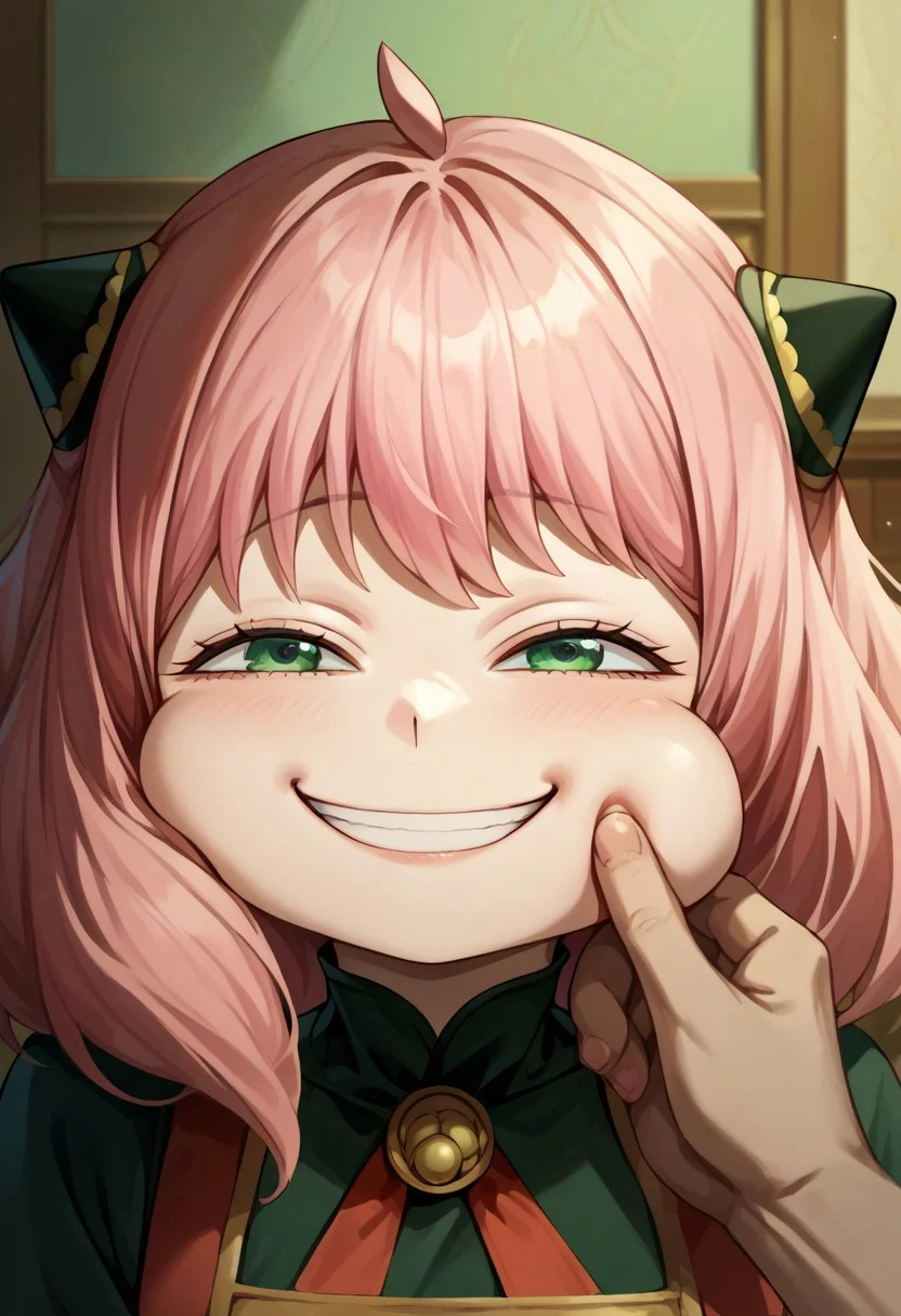 score_9, score_8_up, score_7_up, 1girl, cheek pinching, pov hands, upper body, puffy cheeks, indoors, anya forger \(spy x family\), pink hair, green eyes, IncrsAnyasHehFaceMeme, grin,