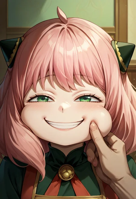 score_9, score_8_up, score_7_up, 1girl, cheek pinching, pov hands, upper body, puffy cheeks, indoors, anya forger \(spy x family\), pink hair, green eyes, IncrsAnyasHehFaceMeme, grin,