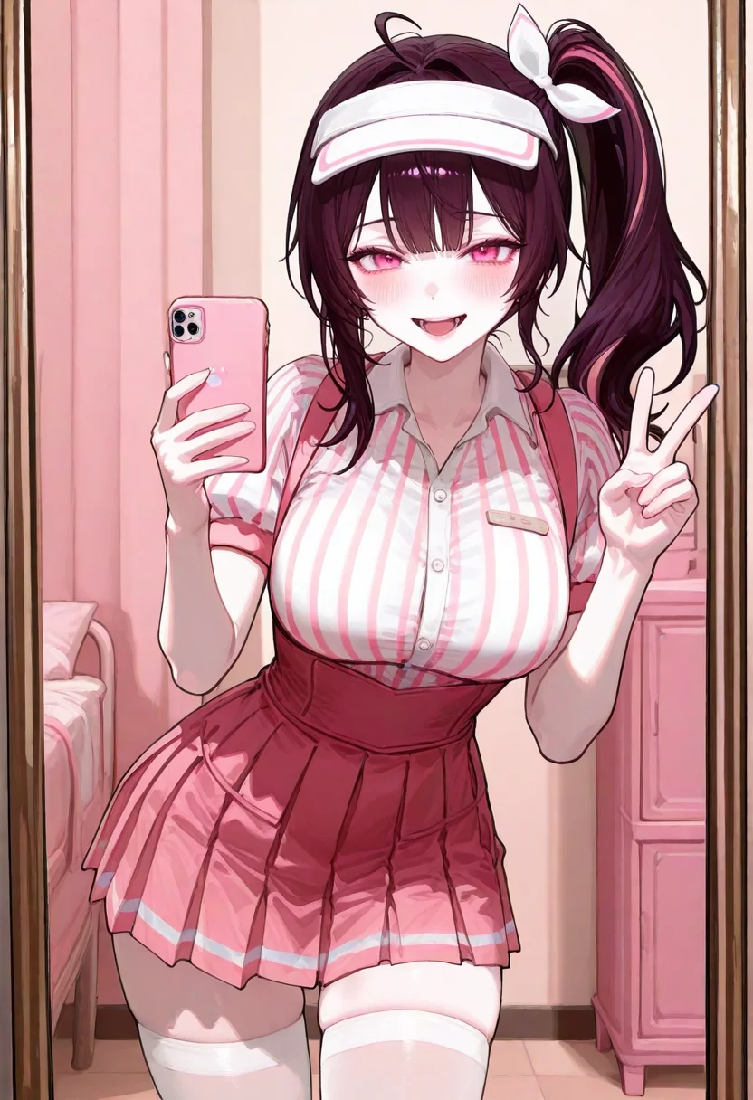 large breasts, detailed body, detailed eyes, narrow waist, (dynamic pose:1.2), upper body,
mature female, korean, korean idol, (mature eyes:1.2),
(pale skin:1.1), (blush:1.2), looking at viewer, holding phone, open mouth, smile,
mirror, room, v,
(1girl, solo:1.1), indoors,
complexion, healthy glow, long waist, long legs,
masterpiece, best quality, good quality, newest, very aesthetic, absurdres,
<lora:주ì ì_주르르__Jururu_Petrol_Station_Clothes:0.8> petrolruru, purple hair, pink eyes, pink streaked hair, side ponytail, thighhighs, skirt, short sleeves, pantyhose, shirt, white pantyhose, visor cap, striped shirt, bow, smile, collared shirt, (microskirt:1.1), pleated skirt, cowlick,