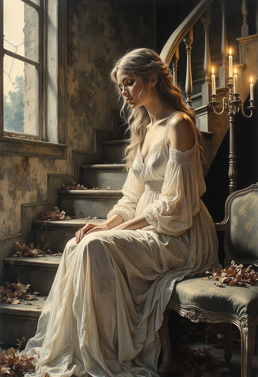 The nightgown is vintage in style, with intricate floral lace patterns that swirl across the translucent fabric, offering fleeting glimpses of her silhouette beneath. The lace catches the soft, silver moonlight filtering through a nearby cracked window, creating a delicate interplay of light and shadow that dances across the gown’s sheer folds. The hem of the nightgown pools gently at her feet, brushing against the dust-coated stair, emphasizing her fragile, ghostly presence.
Her long, ash-blonde hair cascades over her shoulders in loose, slightly tangled waves, framing her contemplative expression. The muted tones of her hair glow faintly under the moon’s silvery light, giving her an ethereal, almost otherworldly aura. A few stray strands fall delicately over her face, enhancing her introspective demeanor. Her head is tilted slightly downward, her eyes partially closed, lost in thought as if reminiscing about a distant memory. Her expression is soft and melancholic, with a touch of nostalgia, her parted lips poised as if whispering to the shadows.
The backdrop of the scene is hauntingly beautiful—a shadowy, grand staircase stretches upwards behind her, its wooden steps creaking under the weight of lost time. The once-majestic banister is chipped and weathered, its intricate carvings obscured by layers of dust and cobwebs. A worn armchair, faded and frayed at the edges, sits forlornly at the base of the stairs, its regal design long forgotten. Its rich, velvet upholstery is now muted and desaturated, echoing the faded grandeur of the manor.
Scattered across the staircase are bunches of dried, dead flowers, their brittle petals curled and colorless, as if frozen in time. They lie in disarray, tangled among the dust and cobwebs, adding an air of abandonment and sorrow. Fallen leaves, crinkled and brittle, are scattered on the floor, whispering of seasons long past. Their presence hints at a broken window somewhere above, letting the outside world intrude upon this forgotten sanctuary.
The only light comes from a tall, ornate candelabra, standing just behind her on the staircase landing. Its candles are partially melted, their flames flickering weakly, casting elongated shadows that dance along the peeling wallpaper. The dim, golden glow from the candelabra contrasts beautifully with the cold moonlight, creating a delicate interplay of warm and cool tones that envelop her in a halo of fragile light. The shifting shadows enhance the melancholic atmosphere, imbuing the scene with a haunting sense of intimacy and nostalgia.
The muted, earthy tones of the decaying setting contrast elegantly with the pale, delicate fabric of her gown and the soft warmth of her skin. The interplay of shadows and light evokes a dreamlike, almost cinematic ambiance, blurring the line between reality and memory. She sits in perfect stillness, a serene figure amidst the decay, embodying quiet introspection and subtle beauty.
This scene is a masterful composition of light, shadow, and texture, capturing the fragile elegance of a lost era. The juxtaposition of her delicate presence against the decaying grandeur of the Victorian manor creates a poignant narrative of nostalgia and longing, evoking a timeless, haunting beauty.