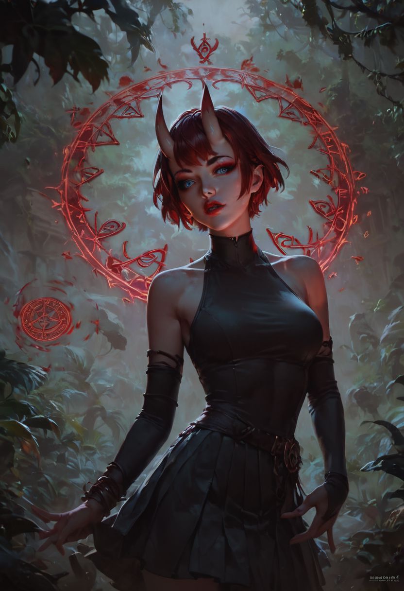 score_9, score_8_up, score_7_up,(digital art,best quality,beautiful detailed face),
,1 beautiful girl,Thin face,Pale white skin, blue eyes (red eyeshadow),Short red hair(bangs), Oni horns, red lips,black dress,Short pleated skirt,Elbow gloves,Magic circles ,Magic aura,jungle
