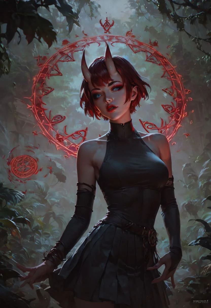 score_9, score_8_up, score_7_up,(digital art,best quality,beautiful detailed face),
,1 beautiful girl,Thin face,Pale white skin, blue eyes (red eyeshadow),Short red hair(bangs), Oni horns, red lips,black dress,Short pleated skirt,Elbow gloves,Magic circles ,Magic aura,jungle