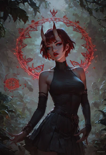 score_9, score_8_up, score_7_up,(digital art,best quality,beautiful detailed face),
,1 beautiful girl,Thin face,Pale white skin, blue eyes (red eyeshadow),Short red hair(bangs), Oni horns, red lips,black dress,Short pleated skirt,Elbow gloves,Magic circles ,Magic aura,jungle