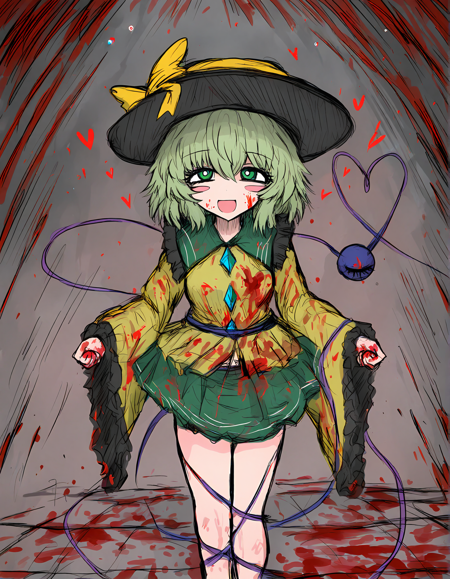 sushi yuusha toro, 1girl, komeiji koishi, hat, heart, blood, green eyes, sensitive, solo, green hair, skirt, open mouth, blush stickers, smile, third eye, blood on face, shirt, ribbon, wide sleeves, long sleeves, short hair, green skirt, yellow shirt, hat ribbon, blood on clothes, looking at viewer, eyeball, blood splatter, frills
very awa, masterpiece, best quality, year 2024, newest, highres, absurdres, <lora:black-souls-style-noobai-epspred11:1>