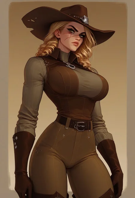 Score_9, Score_8_up, Score_7_up, Score_6, Score_5, Score_4,((best quality)) ultra detailed, aesthetic, extremely detailed eyes and face, perfect body, perfect eyes,
1girl, solo, blonde curls, early colored eyes, scar on the face, scar on the nose, scars on the body,
Slim Figure, Narrow Waist, Wide Hips, (High Breasts), big breasts, Perfect Round Breasts, Perfect Round Butt,
-- clothes -- cowboy hat, leather vest, long sleeved shirt, gloves, cowboy boots, sheriff's badge,
((wild west,Girl standing in the saloon, serious expression on her face.))