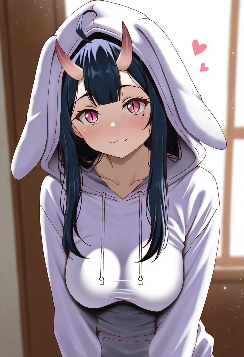 masterpiece, cute, lovely, newest, absurdres, (best quality:1.3), amazing quality, very aesthetic, 1girl, solo, high_resolution, hq, 4k, BREAK. high gradient eyes, very cute, light particles, cute details, cute colors, mature woman, (Poa_Mellhen_Style), oni, oni horns, dark blue hair, straight hair, very_long_hair, blunt bangs, pink eyes, slit pupils, (medium breasts:1.2), sagging_breasts, :3, ahoge, BREAK, in the style of cksc, depth of field,detailed background, volumetric lighting,godrays, detailed eyes,expressive eyes,highres, blurry, heart, long_sleeves, looking_at_viewer, mole ,mole_under_eye, sharp_maker, cinematic lighting, detailed clothes, vivid colors, fine texture, harajuku rabbit ear jacket, hoodie, hood up, rabbit ears,
