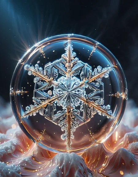 (high quality), (masterpiece), (detailed),8K, An award-winning glowing snowflake, encased in a perfectly transparent glass bubble, floats delicately within a surreal winter setting. Its intricate, symmetrical crystalline patterns radiate a mesmerizing, golden luminosity, blending warm hues of amber, peach, and soft rose that glow softly through the glass. The bubble is adorned with delicate frost patterns along its edges, reflecting and refracting the snowflake’s warm light, casting a magical aura on its surroundings. Encased within, the snowflake sparkles with fine detail, as if suspended in time, evoking feelings of joy, serenity, and wonder, captivating all who witness this breathtaking masterpiece, glowneon, geometric, GlowingInk