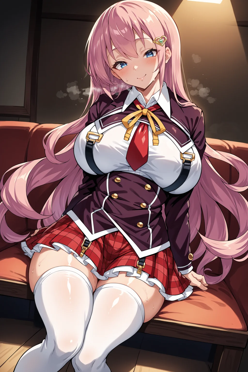 score_9, score_8_up, score_7_up, rating_general ,1girl ,blue eyes, long hair, pink hair, hair clip, yellow bowtie, red necktie, purple blazer, white shirt under blazer, chest harness, underbust, long sleeves, red plaid skirt, white thighhighs, brown shoes,  indoors, source_anime, <lora:AkigawaRinaPDCAMEq1v1.3 SeitokaiKoumon-000008:1>, cowboy shot, abstract, spotlight, naughty face, alluring,  shiny skin, in heat, steaming body ,