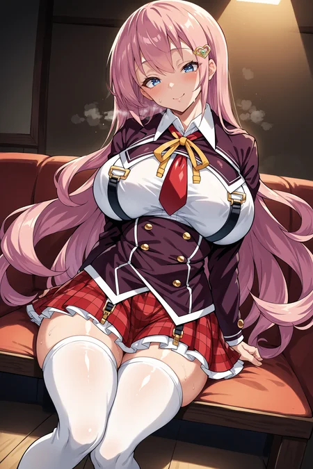 score_9, score_8_up, score_7_up, rating_general ,1girl ,blue eyes, long hair, pink hair, hair clip, yellow bowtie, red necktie, purple blazer, white shirt under blazer, chest harness, underbust, long sleeves, red plaid skirt, white thighhighs, brown shoes,  indoors, source_anime, <lora:AkigawaRinaPDCAMEq1v1.3 SeitokaiKoumon-000008:1>, cowboy shot, abstract, spotlight, naughty face, alluring,  shiny skin, in heat, steaming body ,